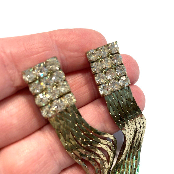 Dramatic Dressy Pierced Earrings Y2K Gold Chain White Rhinestone Runway Dangles - Picture 5 of 8